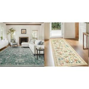 Amada 8×10 Area Rugs and 2×6 Washable Runner Rug, Non-Slip & Low-Profile Kitchen Area Rug with Durable Edge Binding, Boho Floral Pattern, Soft Long Entryway Runner Rugs