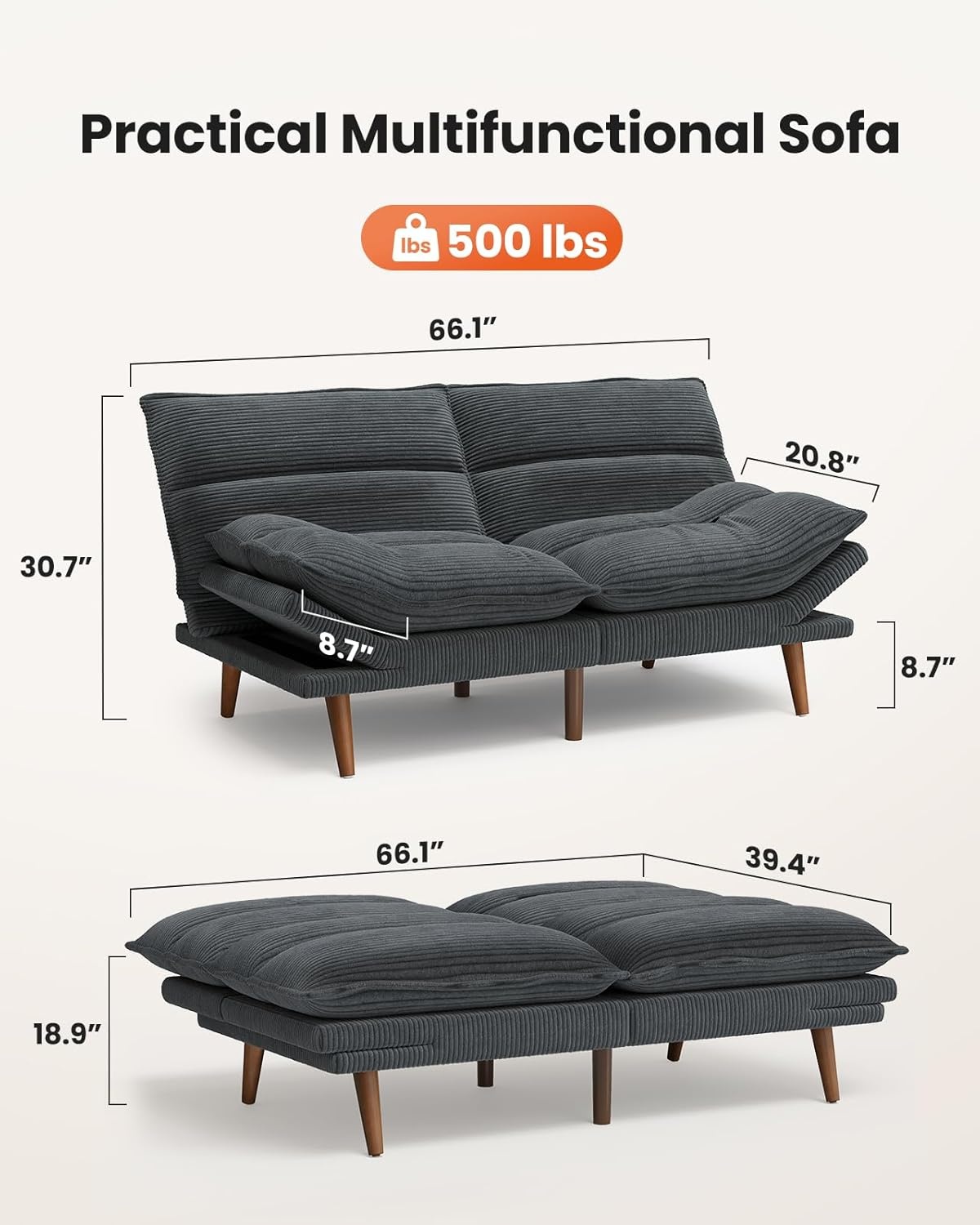 image:imageAmada 75 Convertible Futon Sofa Bed Corduroy Folding Futon Set with Adjustable Backrest ampArmrests Recliner Lounge for Living Room Apartment or Office Solid Wood Frame Loveseat Sofa Dark GreyLight Grey