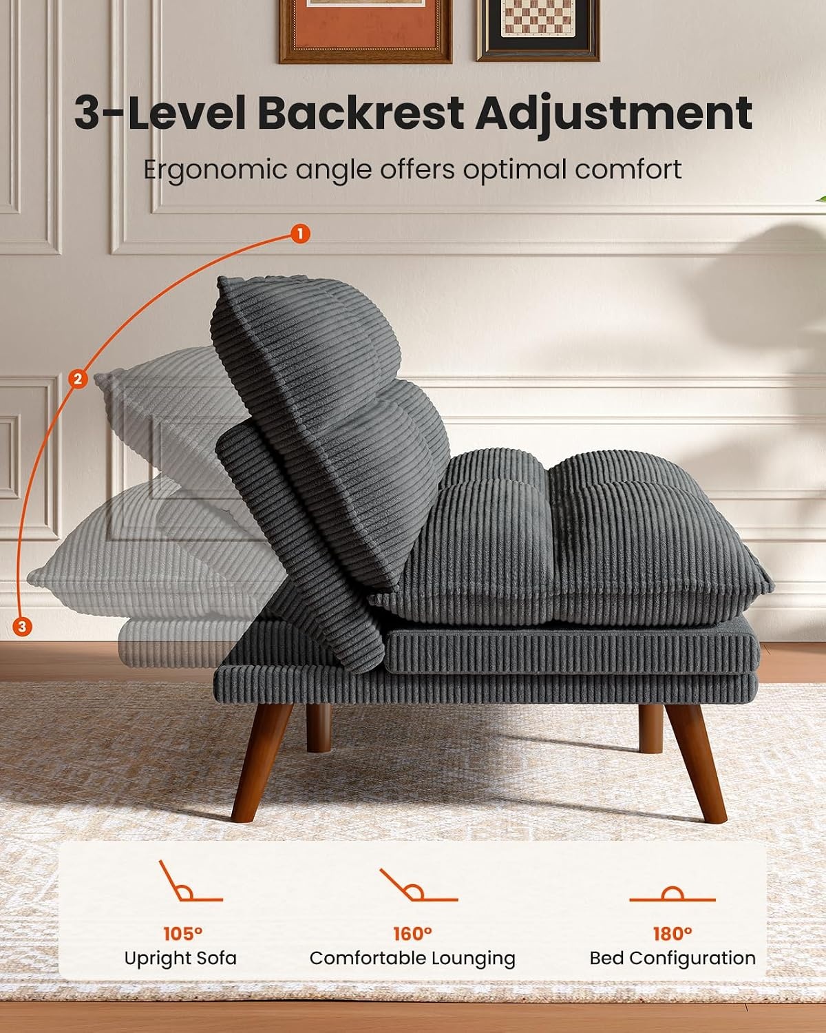 image:imageAmada 75 Convertible Futon Sofa Bed Corduroy Folding Futon Set with Adjustable Backrest ampArmrests Recliner Lounge for Living Room Apartment or Office Solid Wood Frame Loveseat Sofa Dark GreyLight Grey