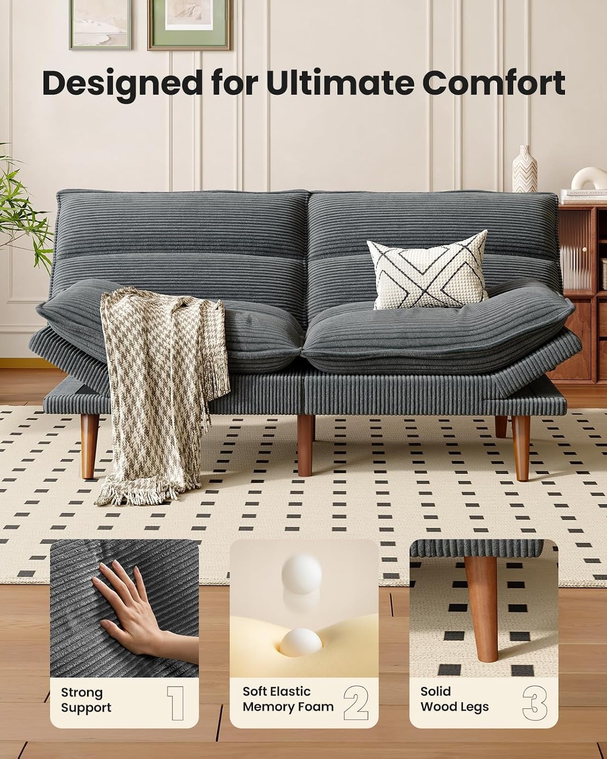 image:imageAmada 75 Convertible Futon Sofa Bed Corduroy Folding Futon Set with Adjustable Backrest ampArmrests Recliner Lounge for Living Room Apartment or Office Solid Wood Frame Loveseat Sofa Dark GreyLight Grey