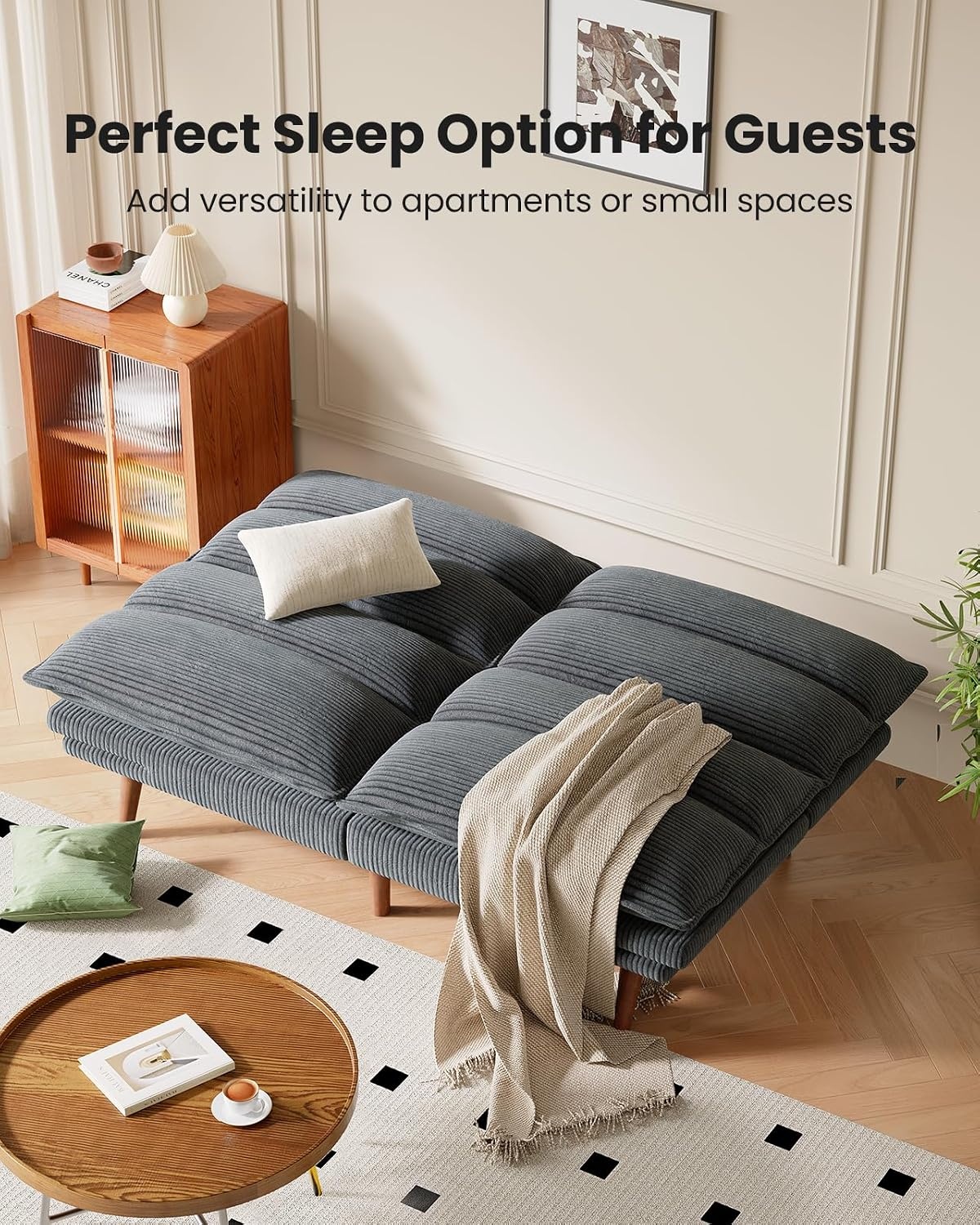 image:imageAmada 75 Convertible Futon Sofa Bed Corduroy Folding Futon Set with Adjustable Backrest ampArmrests Recliner Lounge for Living Room Apartment or Office Solid Wood Frame Loveseat Sofa Dark GreyLight Grey
