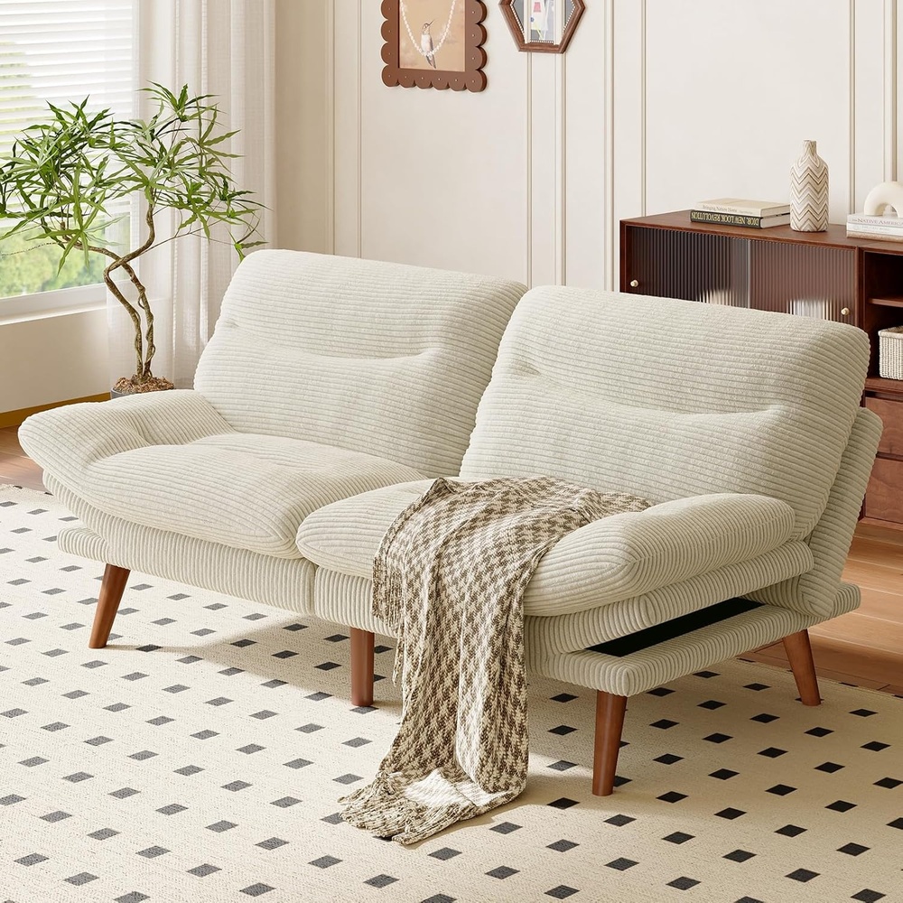 image:imageAmada 75 Convertible Futon Sofa Bed Corduroy Folding Futon Set with Adjustable Backrest ampArmrests Recliner Lounge for Living Room Apartment or Office Solid Wood Frame Loveseat Sofa Dark GreyWhite