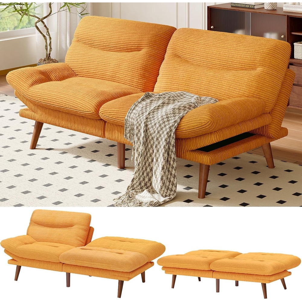 image:imageAmada 75 Convertible Futon Sofa Bed Corduroy Folding Futon Set with Adjustable Backrest ampArmrests Recliner Lounge for Living Room Apartment or Office Solid Wood Frame Loveseat Sofa Dark GreyOrange