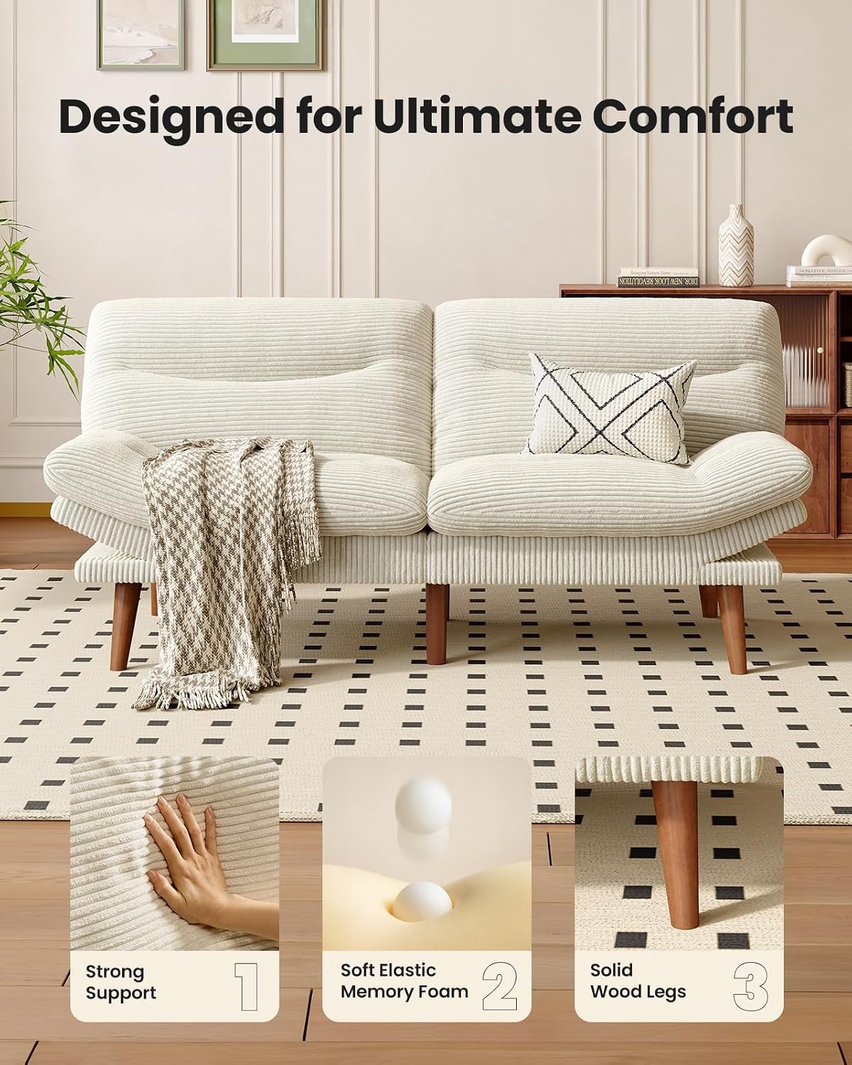 image:imageAmada Convertible Corduroy Futon Sofa Bed 66 inch Charcoal GrayBeige White