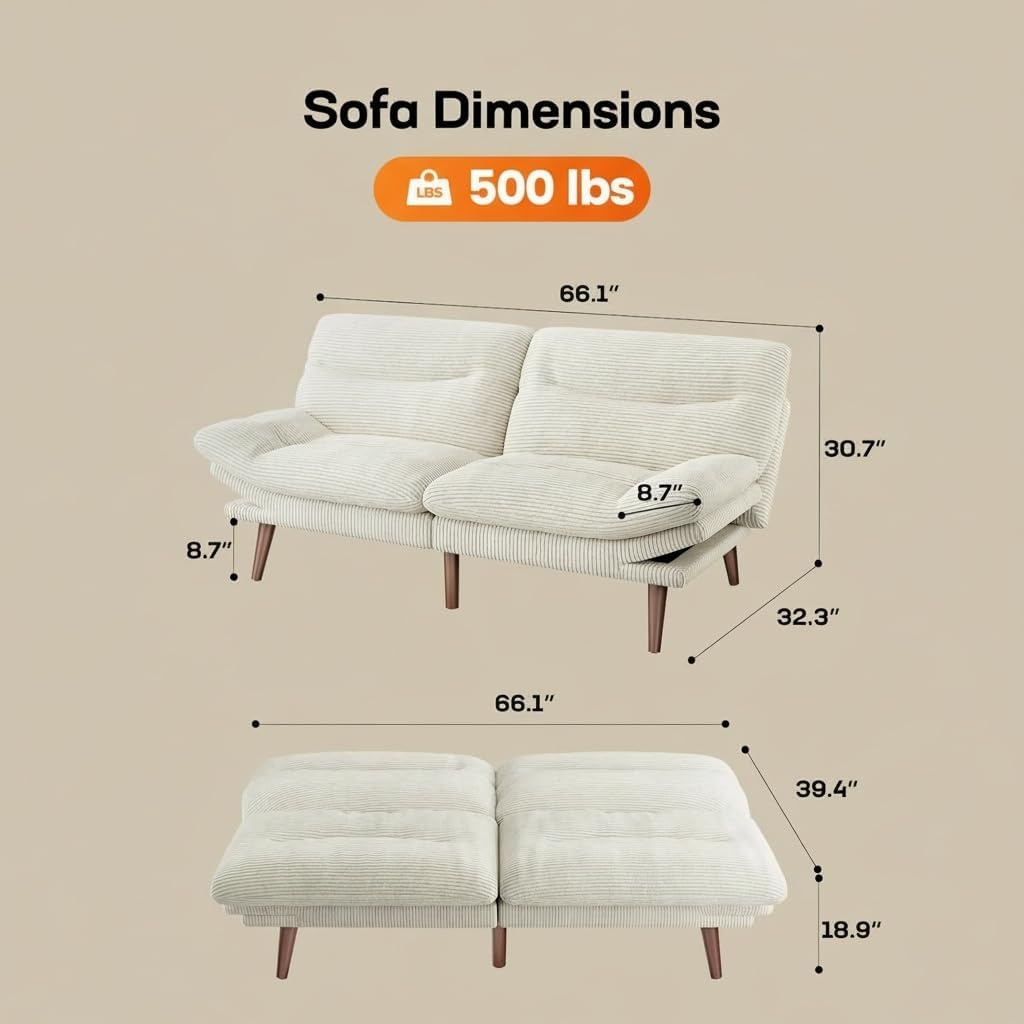 image:imageAmada Convertible Corduroy Futon Sofa Bed 66 inch Charcoal GrayBeige White