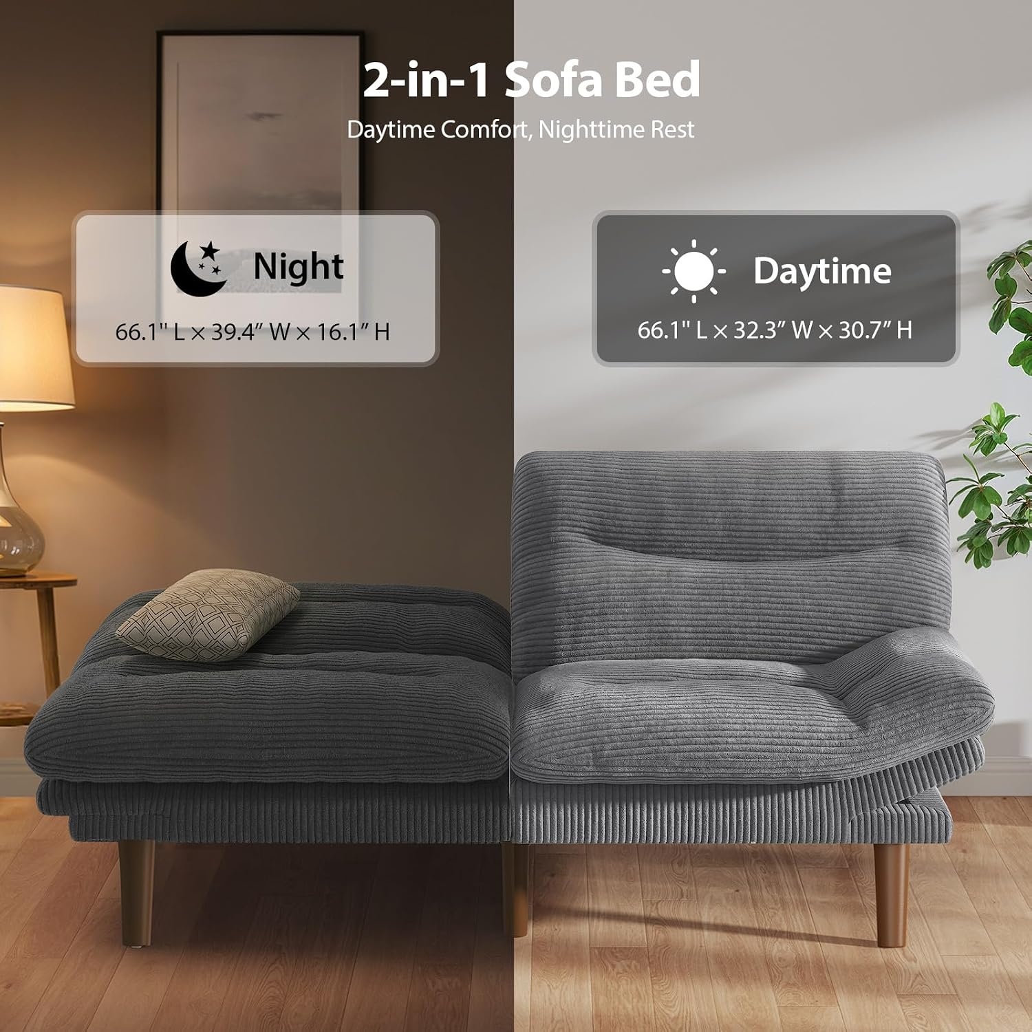 image:imageAmada Convertible Corduroy Futon Sofa Bed 66 inch Charcoal GrayCharcoal Gray