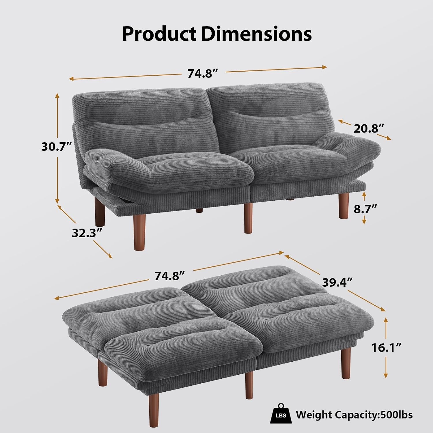 image:imageAmada Convertible Corduroy Futon Sofa Bed 66 inch Charcoal GrayCharcoal Gray