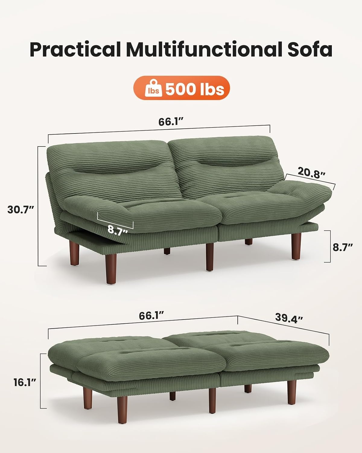 image:imageAmada Convertible Corduroy Futon Sofa Bed 66 inch Charcoal GrayForest Green