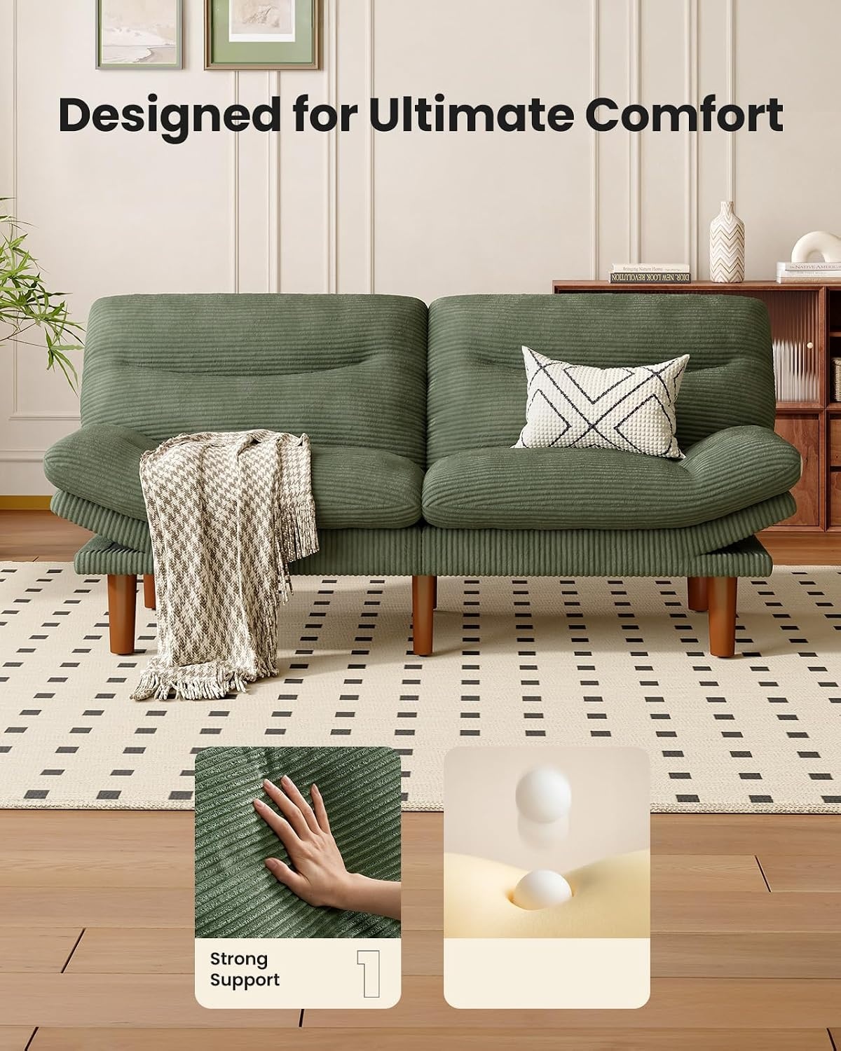 image:imageAmada Convertible Corduroy Futon Sofa Bed 66 inch Charcoal GrayGreen