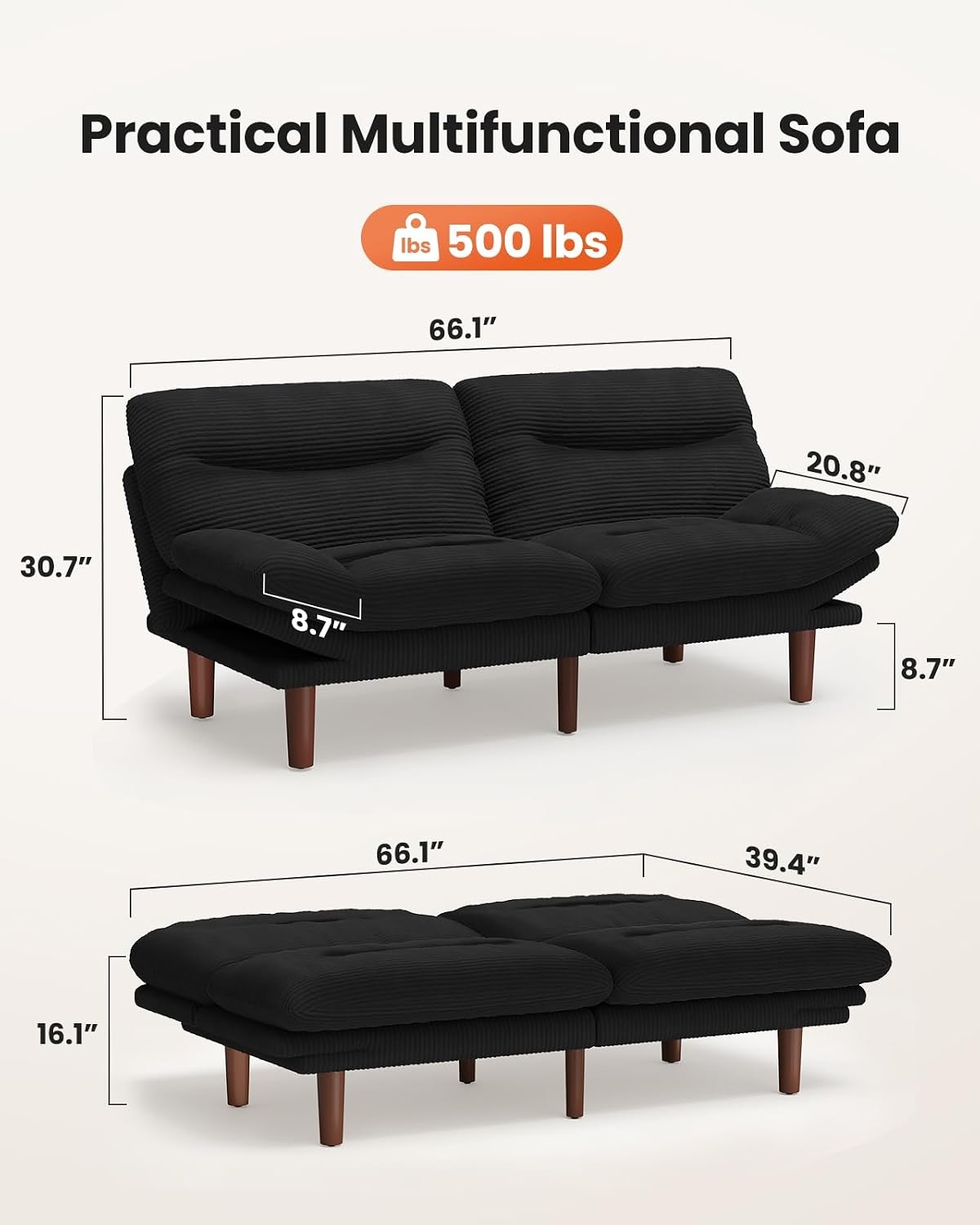 image:imageAmada Convertible Corduroy Futon Sofa Bed 66 inch Charcoal GrayPure Black