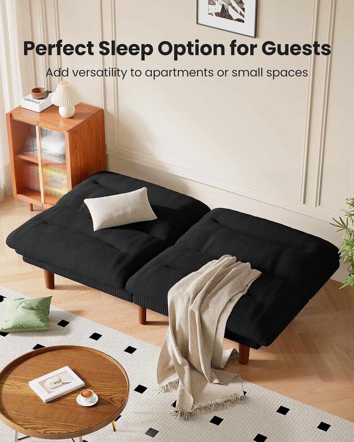 image:imageAmada Convertible Corduroy Futon Sofa Bed 66 inch Charcoal GrayPure Black