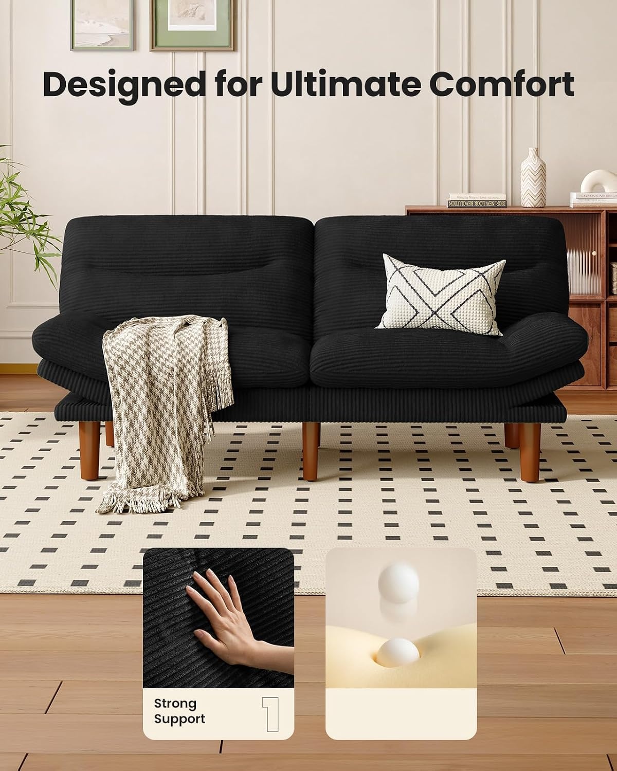 image:imageAmada Convertible Corduroy Futon Sofa Bed 66 inch Charcoal GrayPure Black
