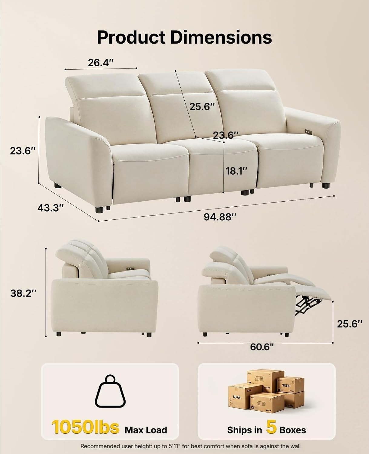 image:imageAmada 95 Power Reclining Sofa Oversized Zero Gravity 3Seater GrayBeige
