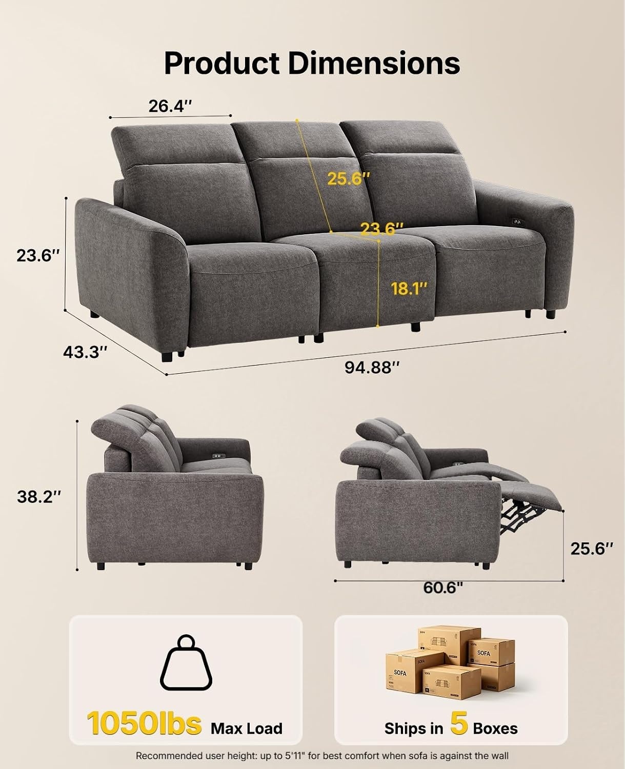 image:imageAmada 95 Power Reclining Sofa Oversized Zero Gravity 3Seater GrayGrey