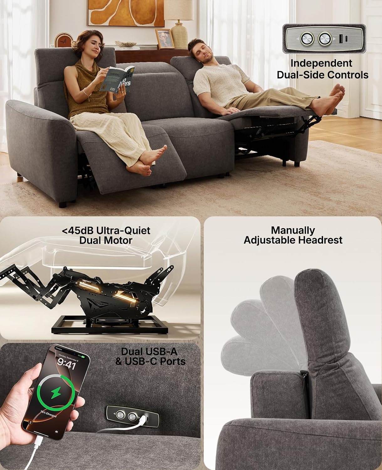 image:imageAmada 95 Power Reclining Sofa Oversized Zero Gravity 3Seater GrayGrey
