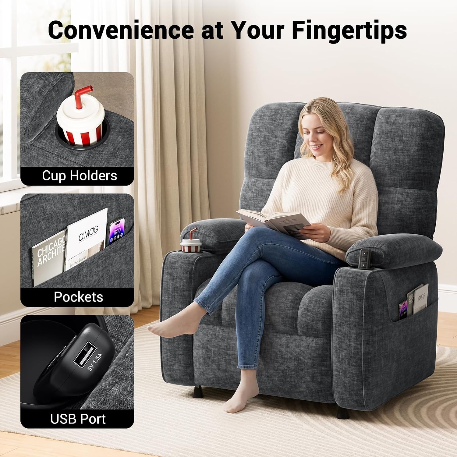image:imageAmada Power Recliner Chair OneTouch Synchronized Reclining Light GrayDark Gray