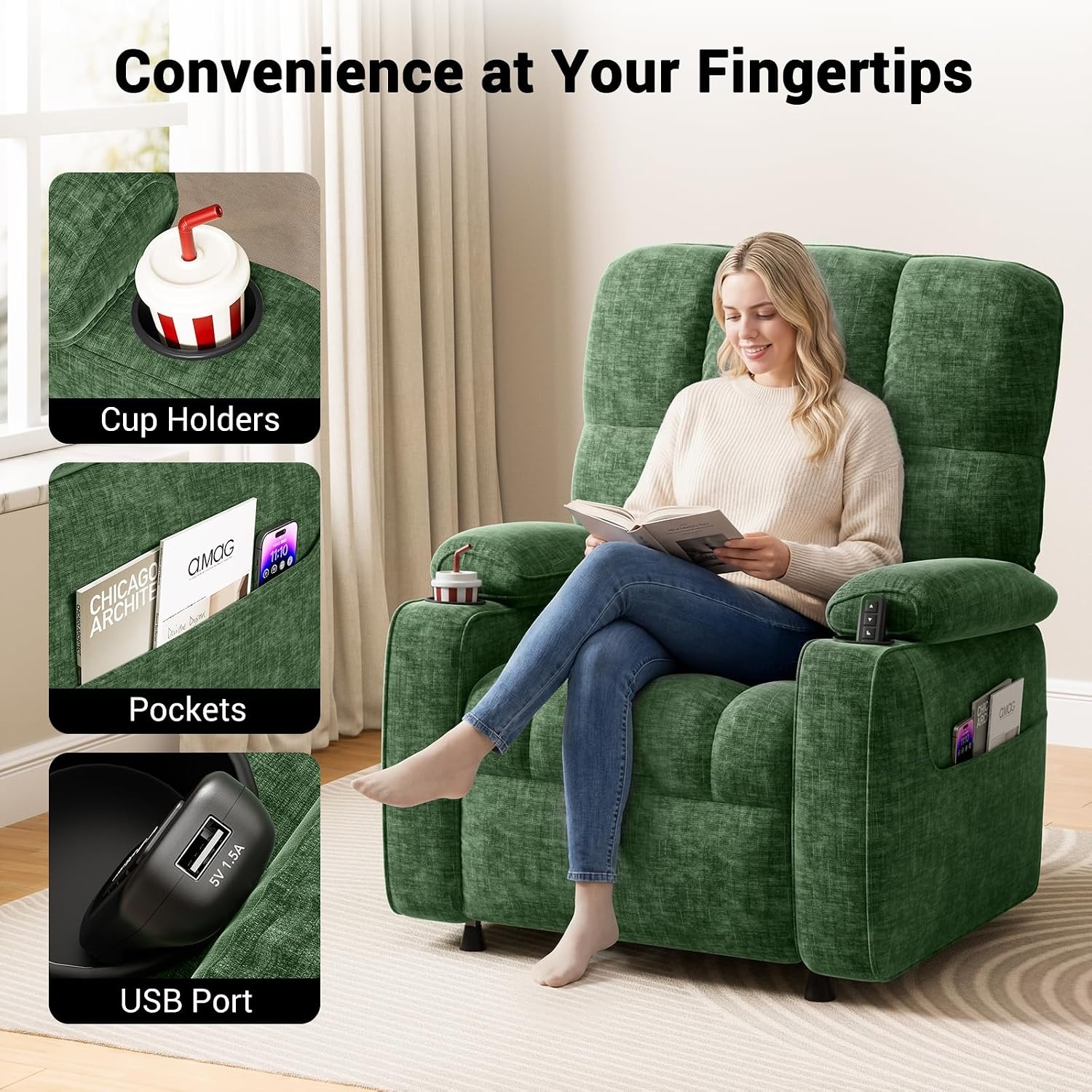 image:imageAmada Power Recliner Chair OneTouch Synchronized Reclining Light GrayGreen