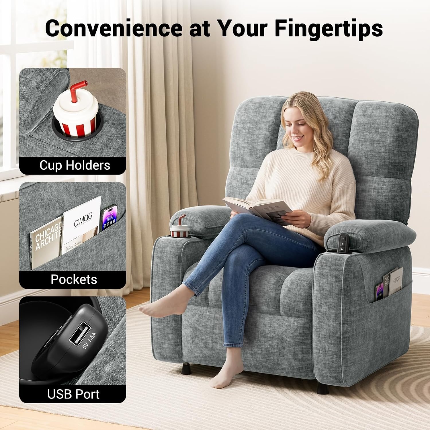image:imageAmada Power Recliner Chair OneTouch Synchronized Reclining Light GrayLight Gray